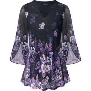 👑 Women's Black Violet Mesh 3/4 Sleeve V Neck Lose Fit Double Layers Tunic Tops